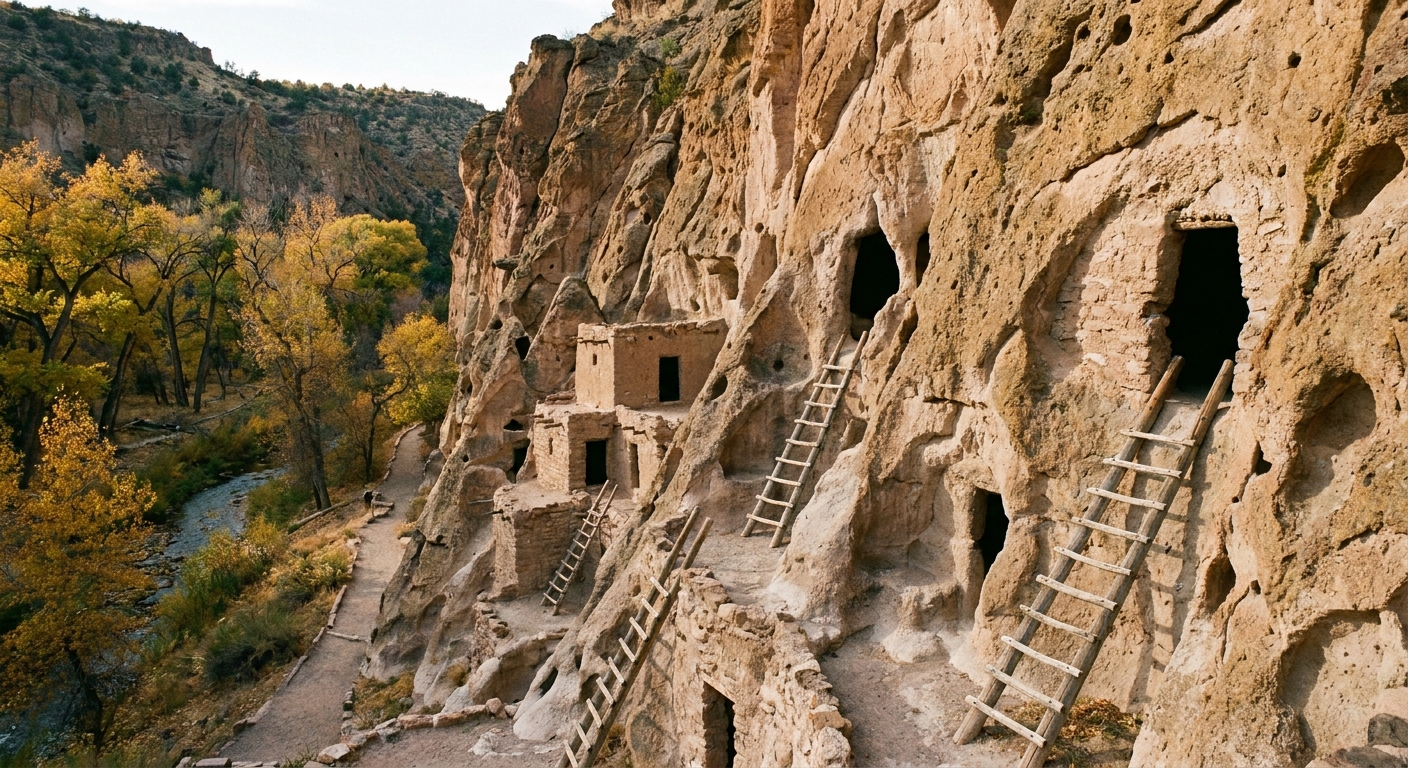 A real photograph of the Bandelier National Monument cliff dwellings tucked into a tan volcanic canyon wall above a dirt trail, with ladders leading up to dark cave openings and cottonwood trees below