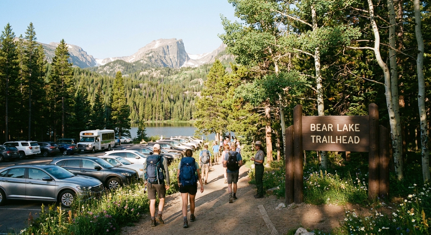 A real photograph of the Bear Lake Trailhead area in Rocky Mountain National Park on a clear summer morning, with hikers walking from the parking lot toward the forested trail entrance