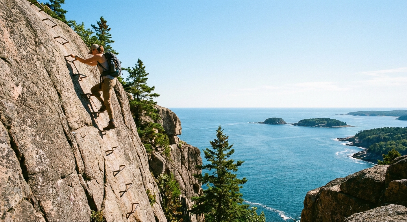 A real photograph of the Beehive Trail in Acadia with a steep granite slope, metal ladder rungs fixed to the rock, and a sweeping view of blue ocean and islands in the background, clear summer day