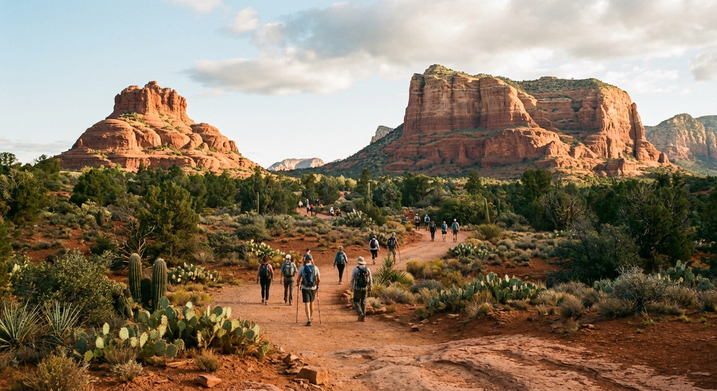A real photograph of the Bell Rock and Courthouse Butte formations in Sedona seen from a wide desert trail, with hikers walking in the mid-ground and warm morning light, landscape travel photography