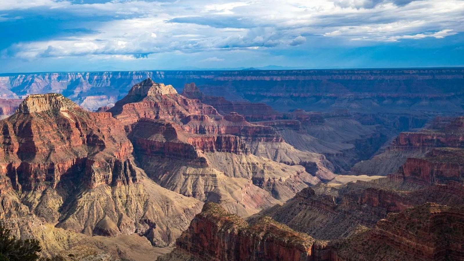 A real photograph of the Bright Angel Point overlook on the Grand Canyon North Rim, with a narrow viewpoint ridge and expansive canyon vistas under a clear blue sky