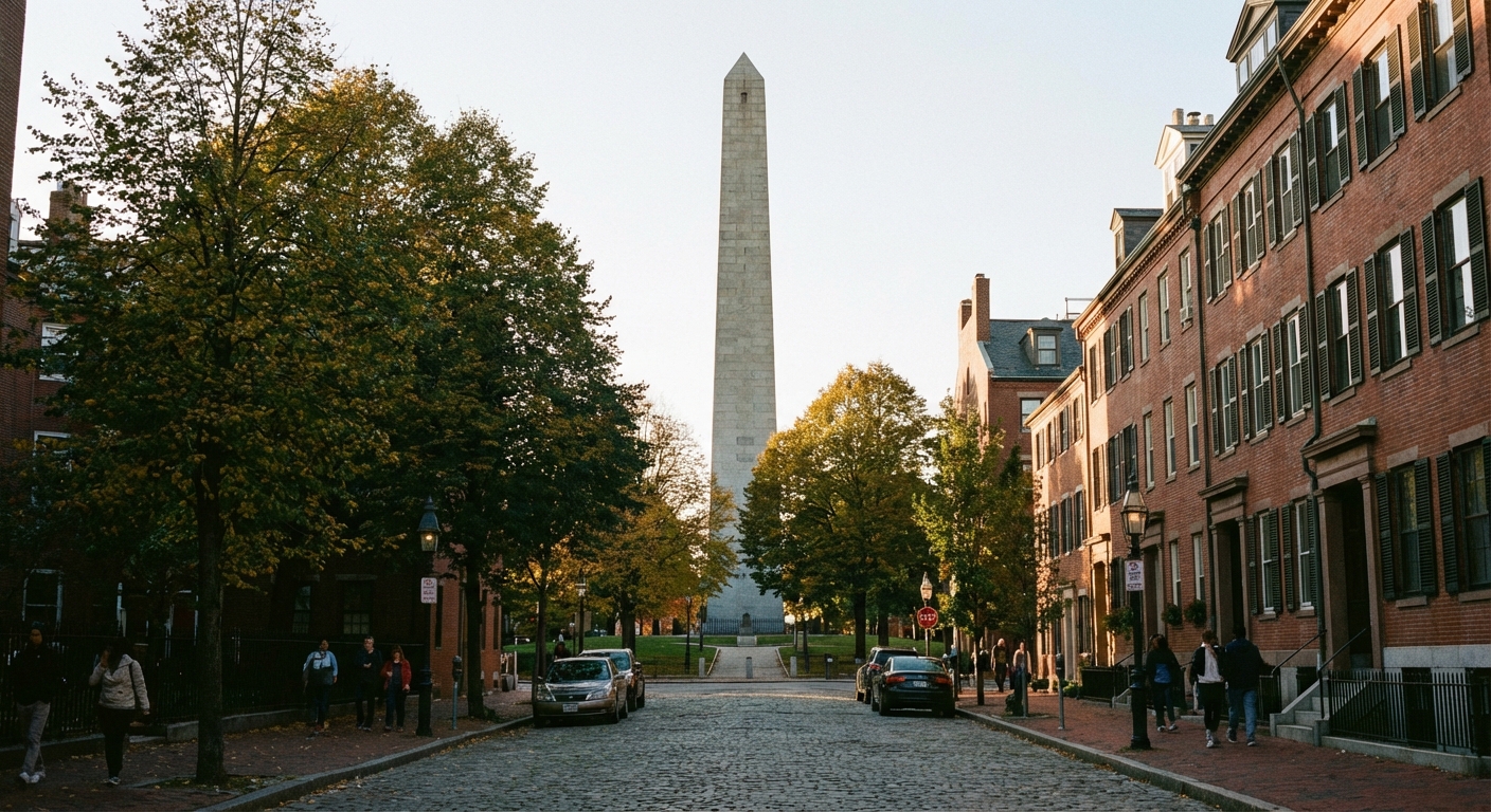A real photograph of the Bunker Hill Monument rising above Charlestown with trees and brick rowhouses nearby