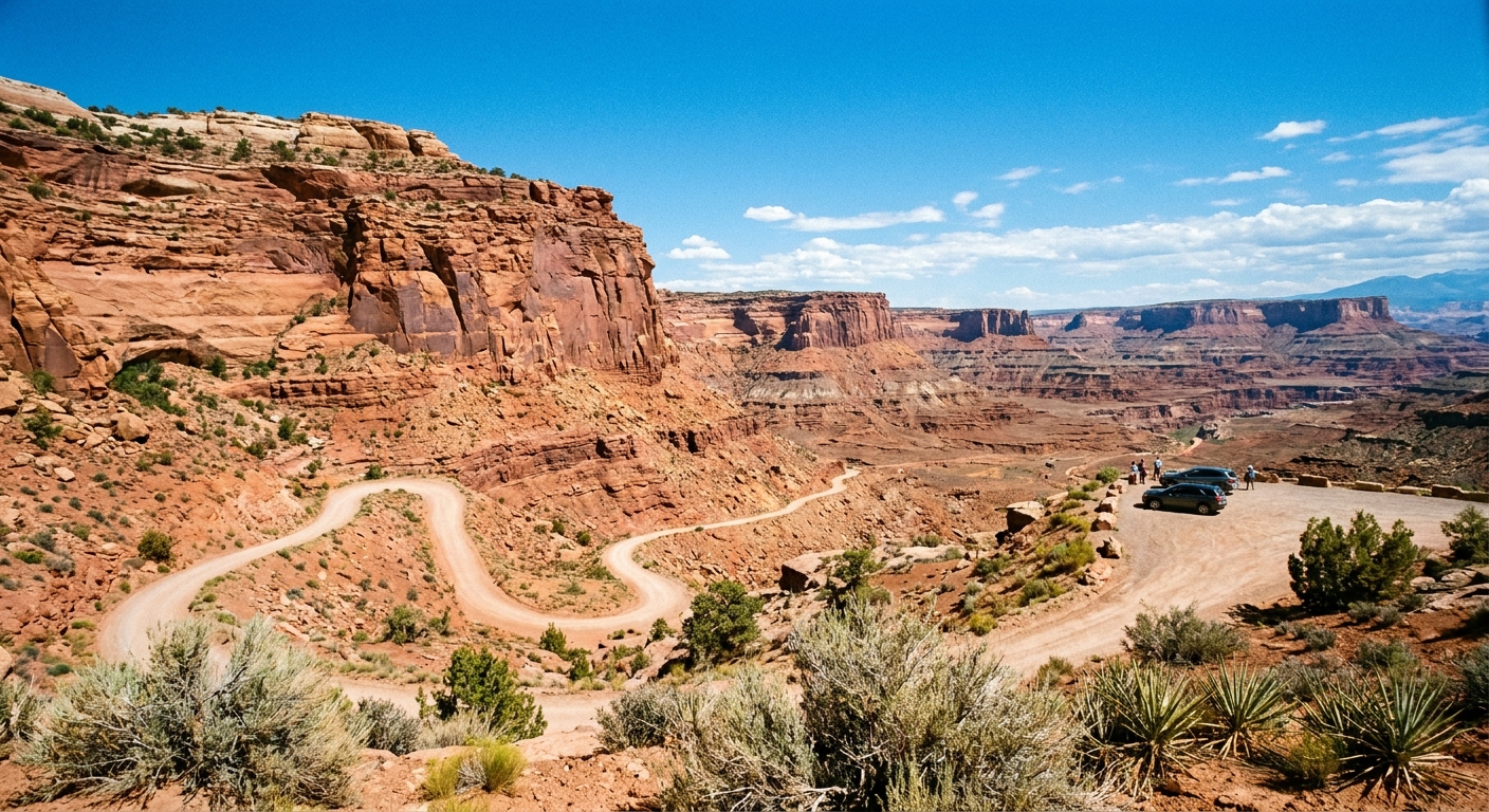 A real photograph of the Burr Trail Overlook area along Utah Scenic Byway 12 with red rock cliffs and layered desert mesas under a bright blue sky