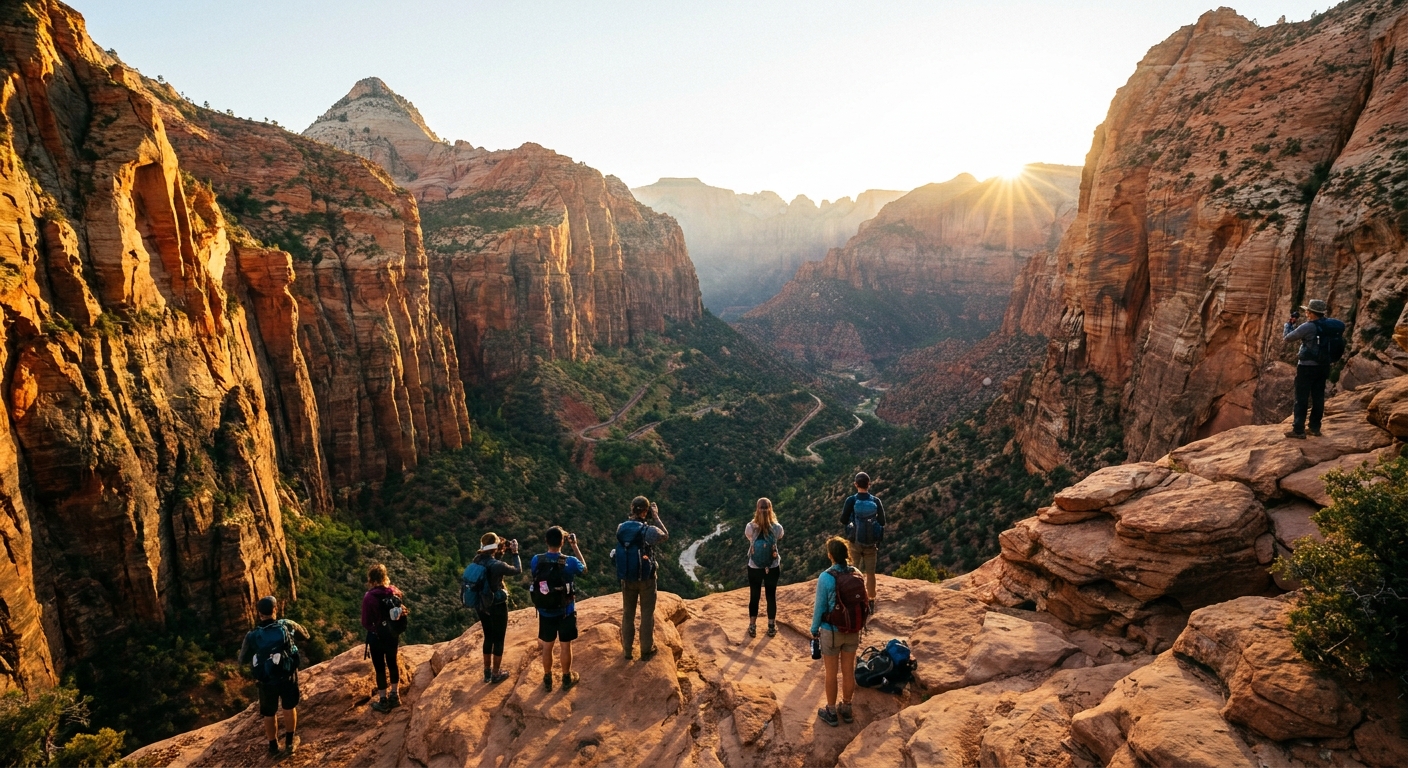 A real photograph of the Canyon Overlook viewpoint in Zion at sunrise, with hikers standing near the rocky rim and warm light filling the sandstone canyon