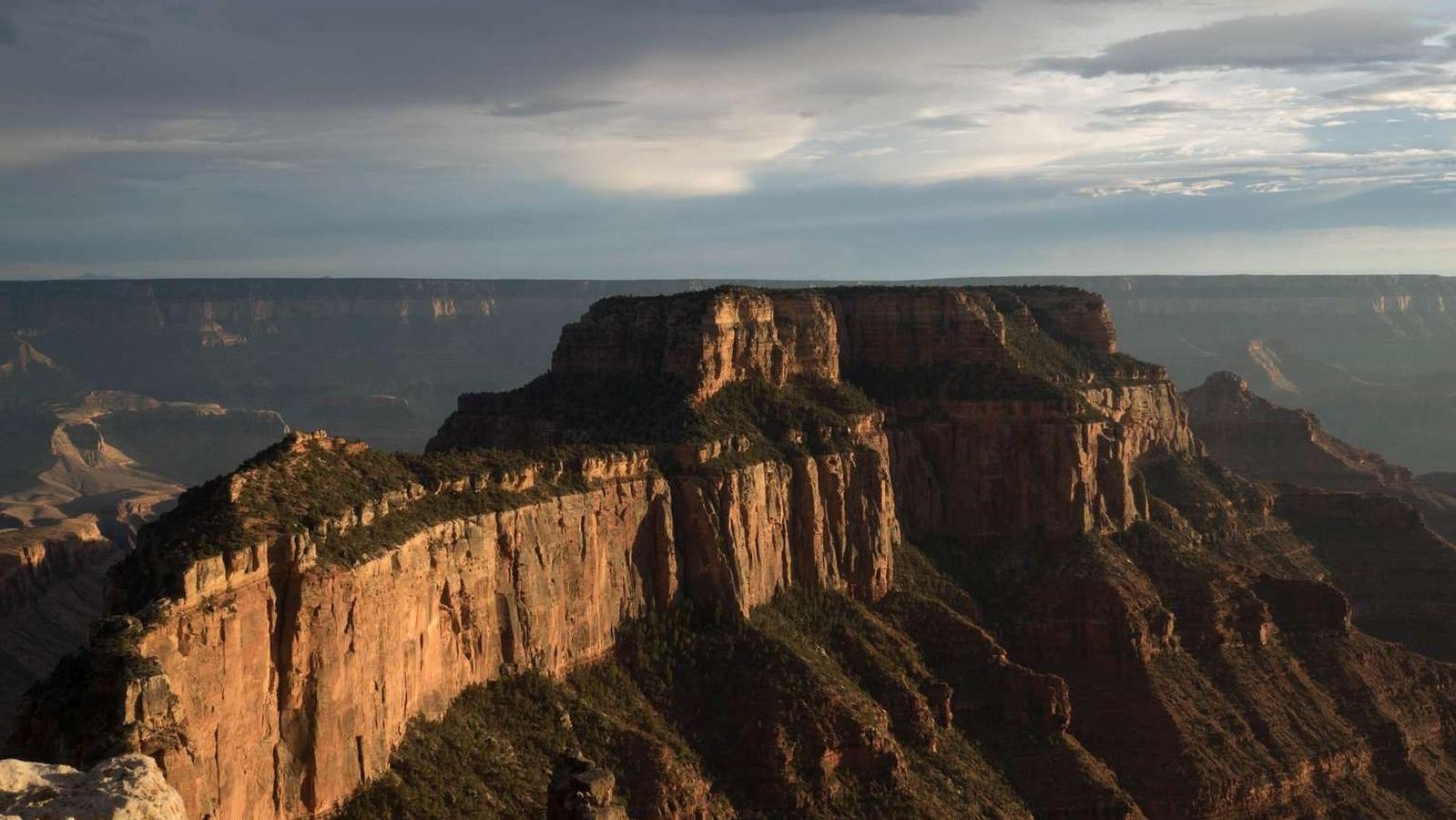 A real photograph of the Cape Royal viewpoint on the Grand Canyon North Rim, with hikers standing near the rim edge and the canyon stretching into the distance in warm golden light