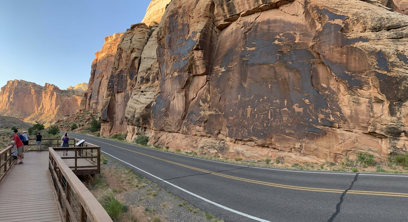 A real photograph of the Capitol Reef petroglyph panel area along Route 24 with dark desert varnish on a sandstone cliff and faint carved figures visible in the rock
