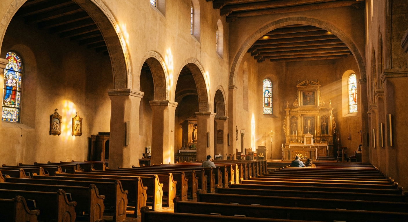 A real photograph of the Cathedral Basilica of St. Francis of Assisi interior in Santa Fe with warm light filtering over arches and wooden pews