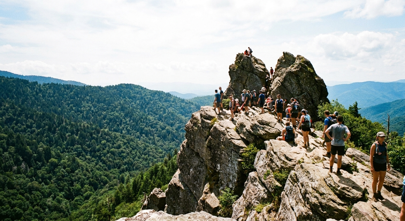A real photograph of the Chimney Tops Trail overlook in Great Smoky Mountains National Park, with hikers standing on a rocky outcrop above a forested valley under a bright sky