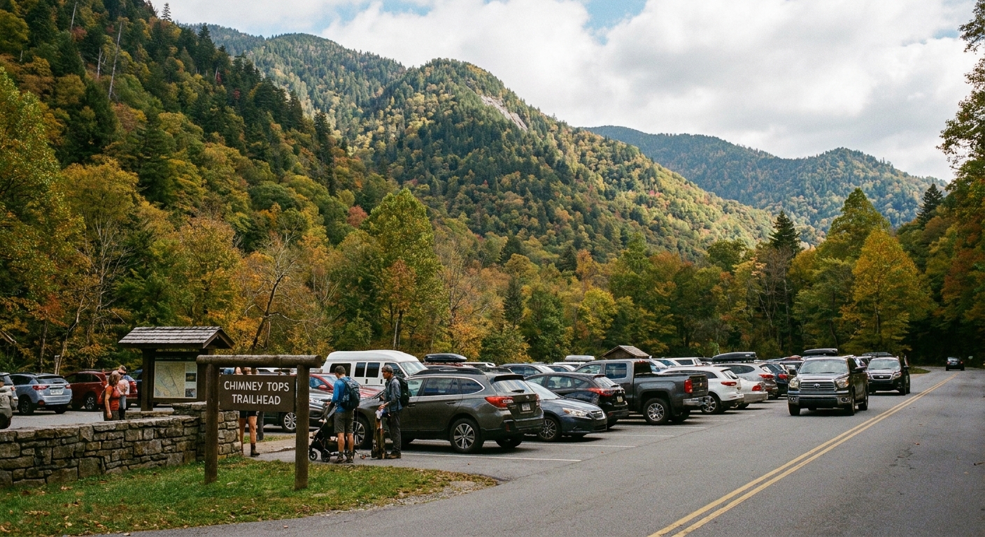A real photograph of the Chimney Tops Trailhead parking area along Newfound Gap Road in Great Smoky Mountains National Park, with parked cars and forested slopes in the background