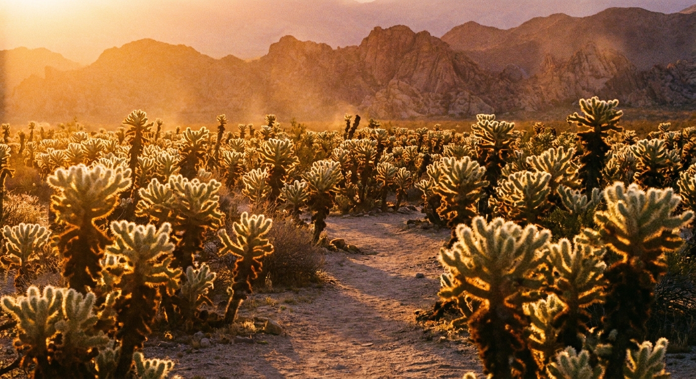 A real photograph of the Cholla Cactus Garden in Joshua Tree National Park at sunrise, with warm light glowing through dense cactus spines and distant desert mountains