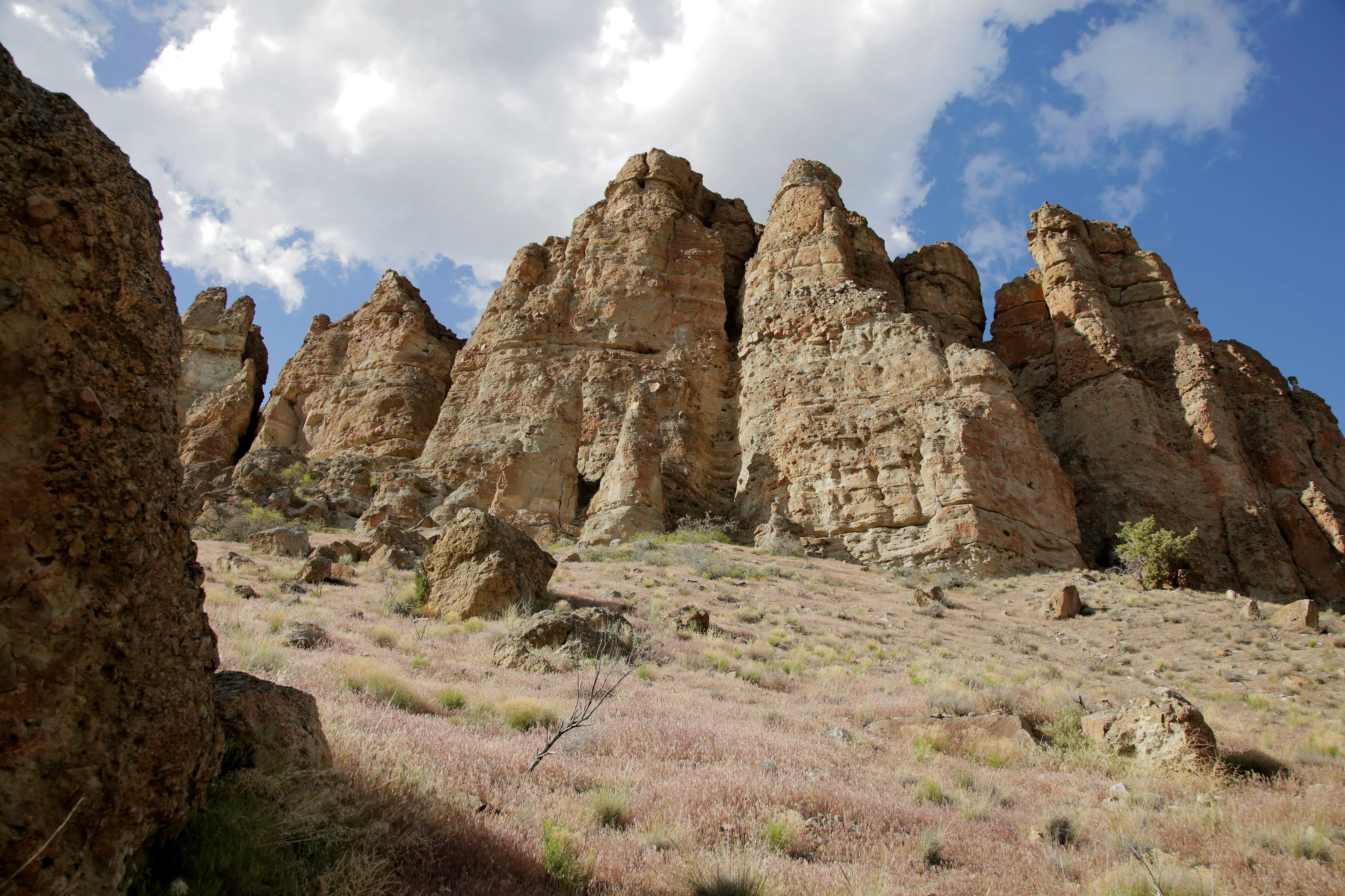 A real photograph of the Clarno Unit in Oregon, showing rugged tan volcanic cliffs above a dry trail with sparse shrubs in the foreground