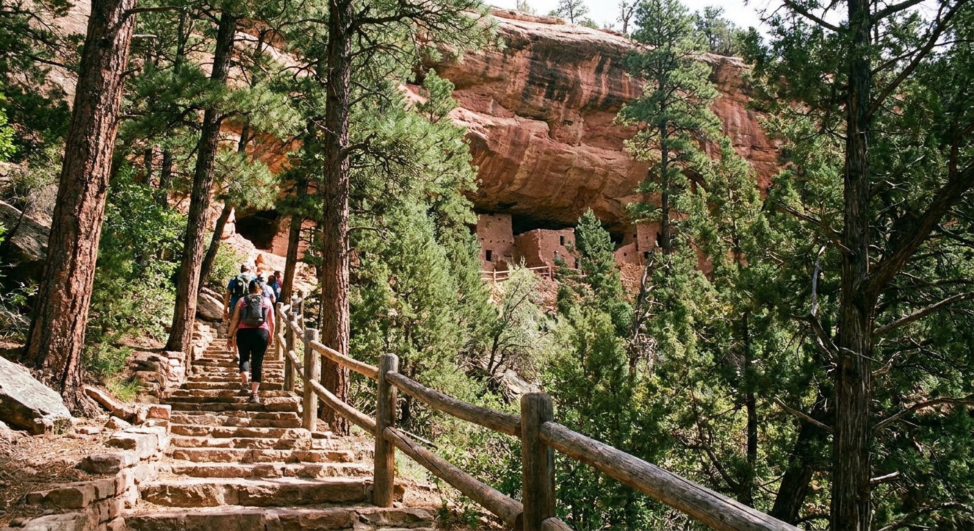 A real photograph of the Cliff Dwellings Trail showing narrow stone steps and handrails climbing through forest toward a rocky canyon wall