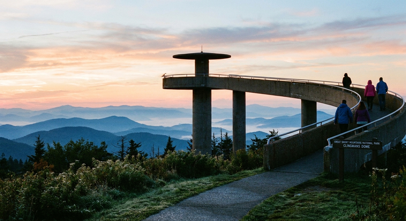 A real photograph of the Clingmans Dome observation tower at dawn with layered blue mountain ridges behind it and a few visitors walking on the paved path, Great Smoky Mountains National Park