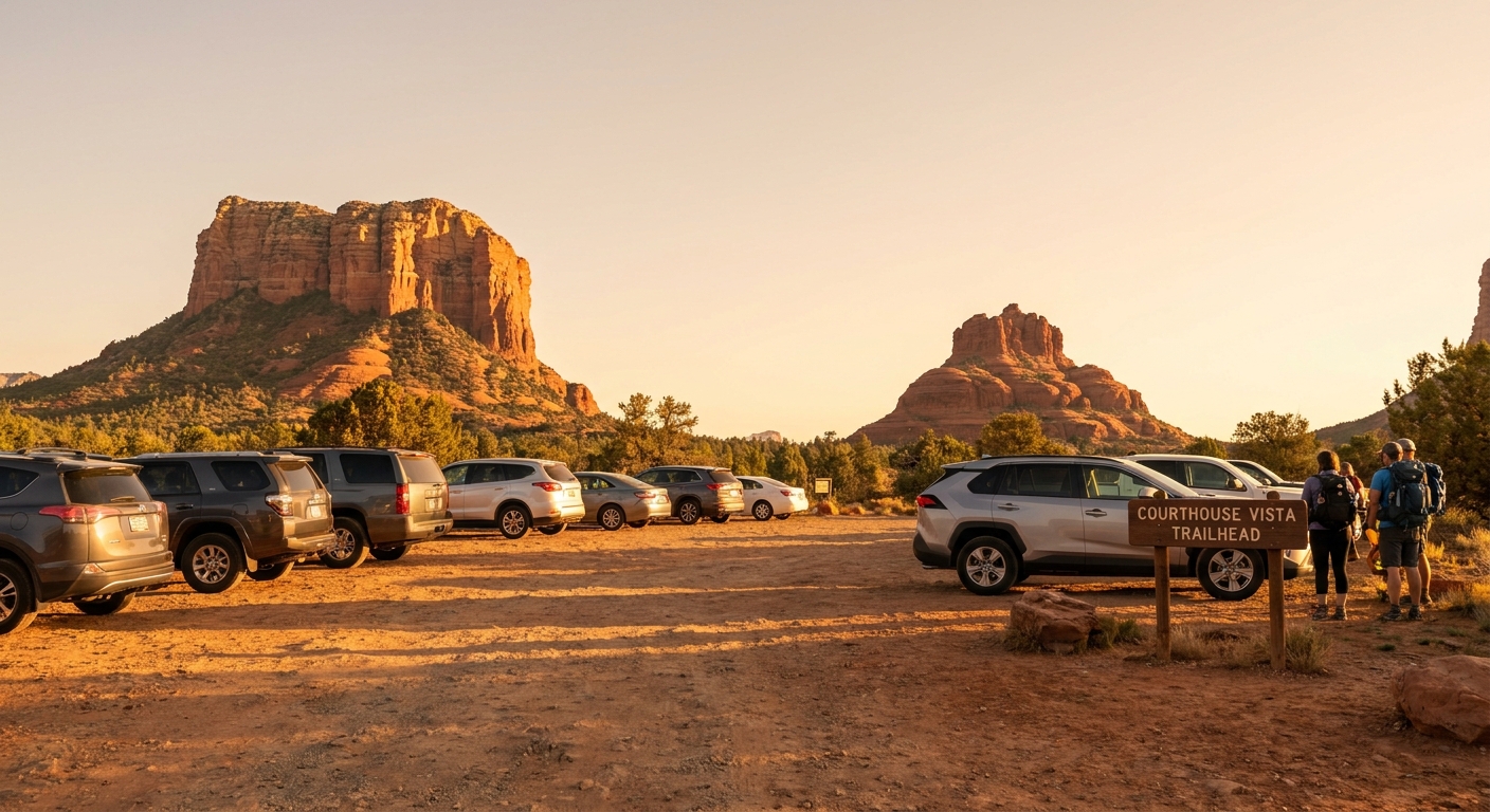 A real photograph of the Courthouse Vista trailhead parking area in Sedona with red rock formations in the background and parked cars in early morning light