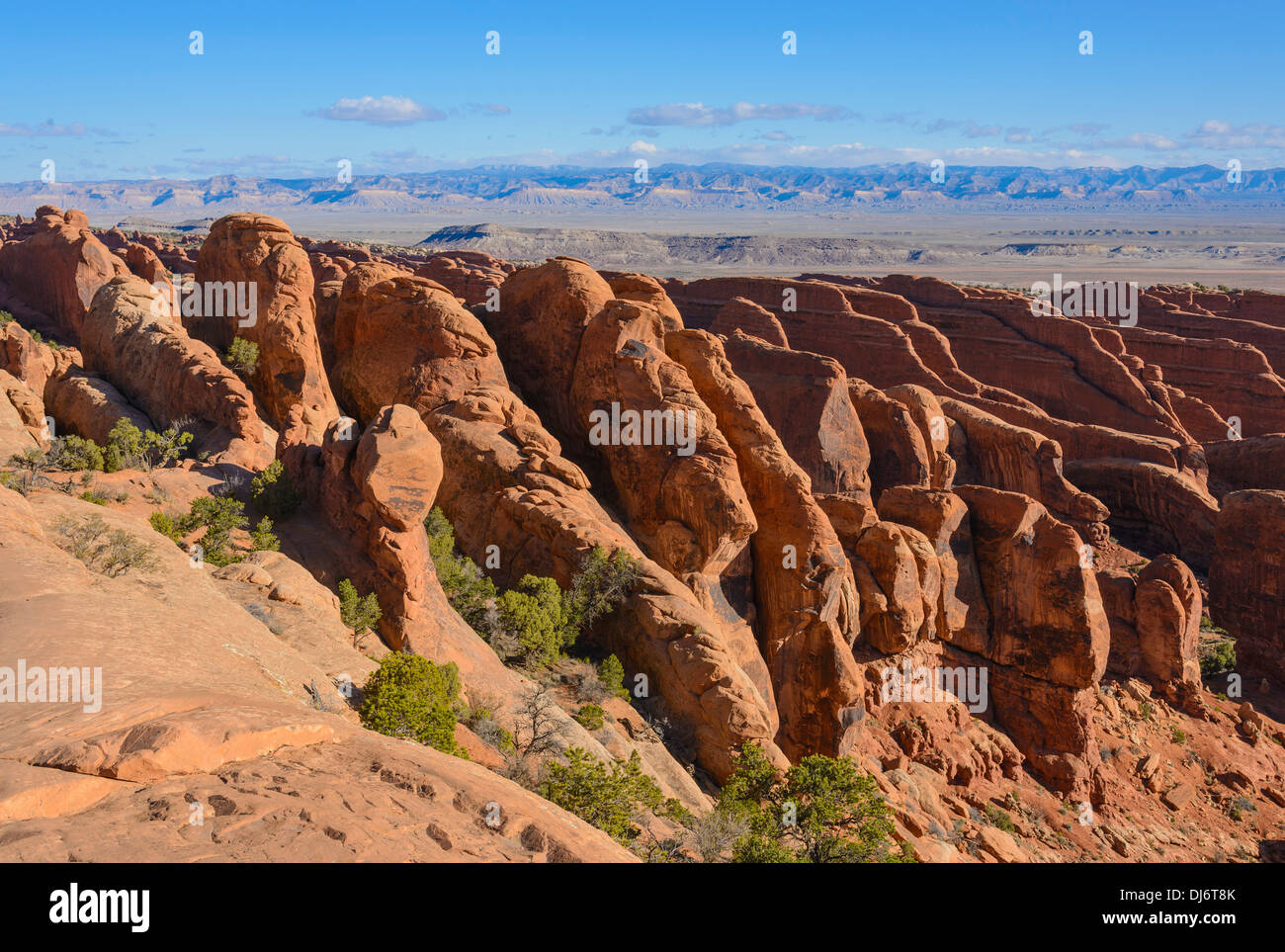 A real photograph of the Devils Garden trail in Arches National Park winding along narrow sandstone fins with desert vegetation and distant rock formations