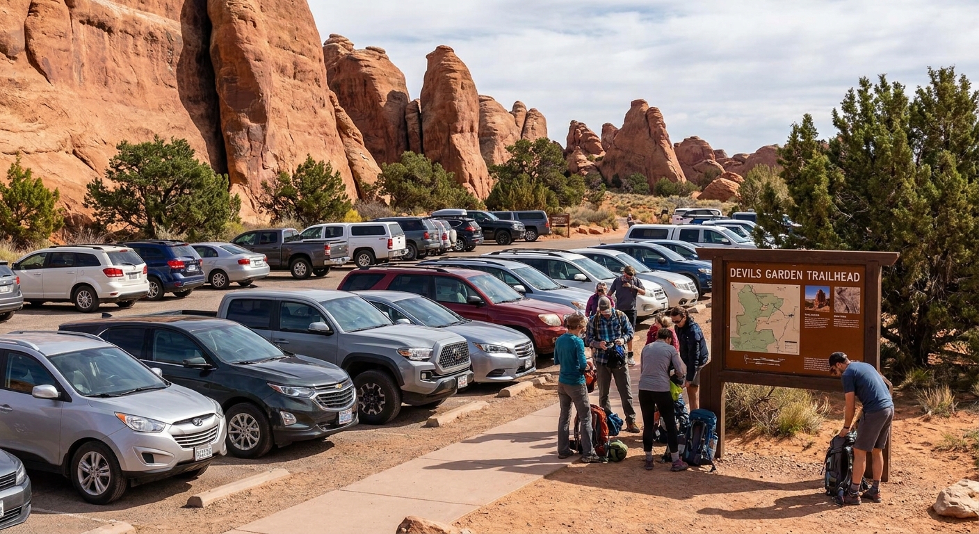 A real photograph of the Devils Garden trailhead parking area with cars filling the lot and hikers preparing backpacks near the trailhead sign