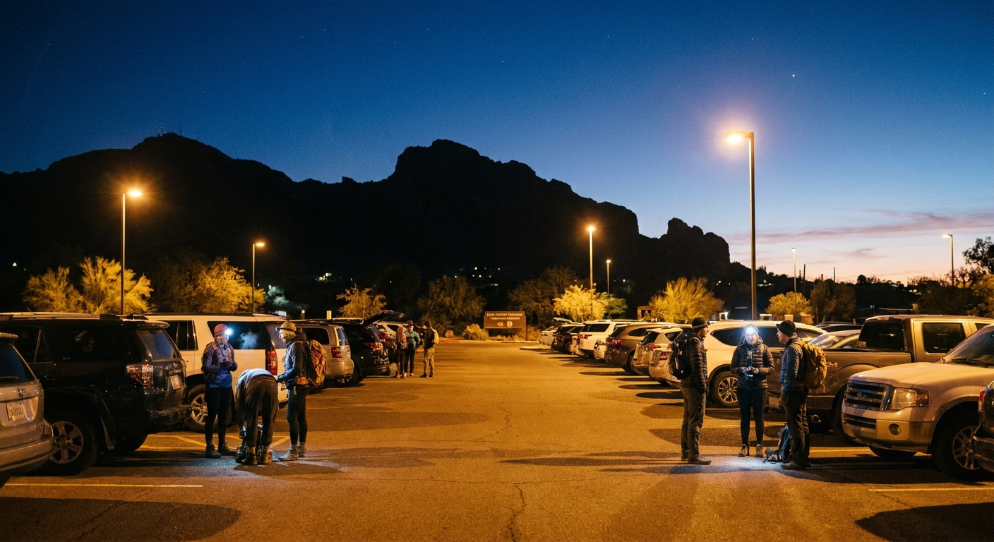 A real photograph of the Echo Canyon Trailhead parking lot before dawn in Phoenix, with hikers preparing near parked cars under streetlights