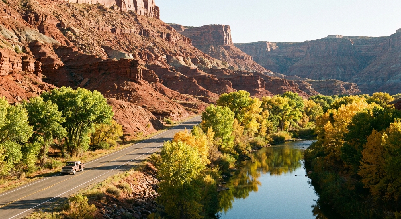 A real photograph of the Escalante River corridor beside Utah Highway 12 with green cottonwoods and red rock slopes rising behind the road
