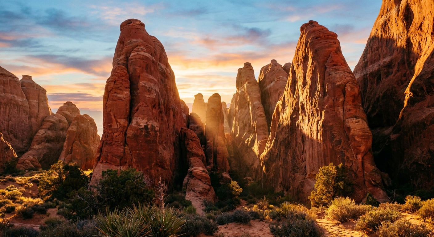 A real photograph of the Fiery Furnace area in Arches National Park with tall red sandstone fins and narrow passages glowing in early morning light, no people visible