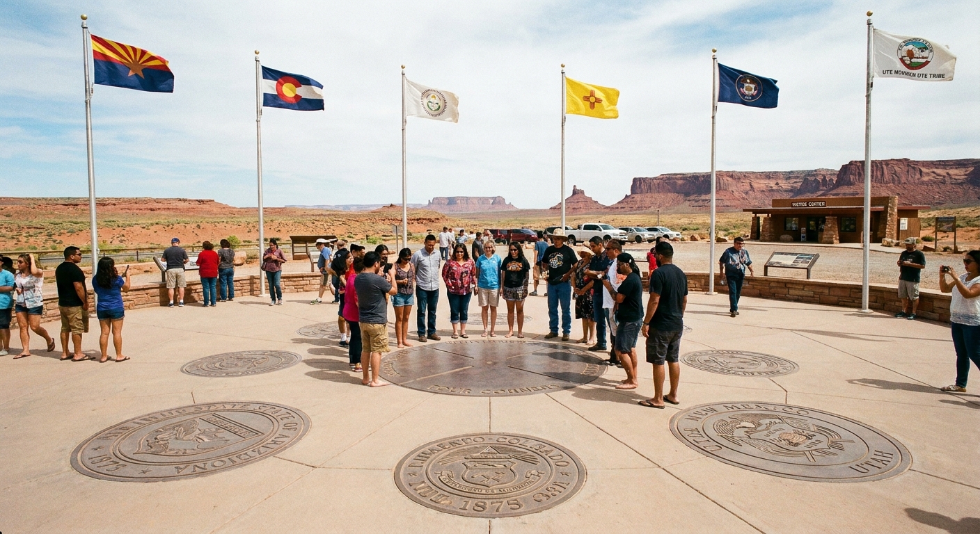 A real photograph of the Four Corners Monument plaza with the circular marker area and flags, visitors standing near the engraved state seals on the ground