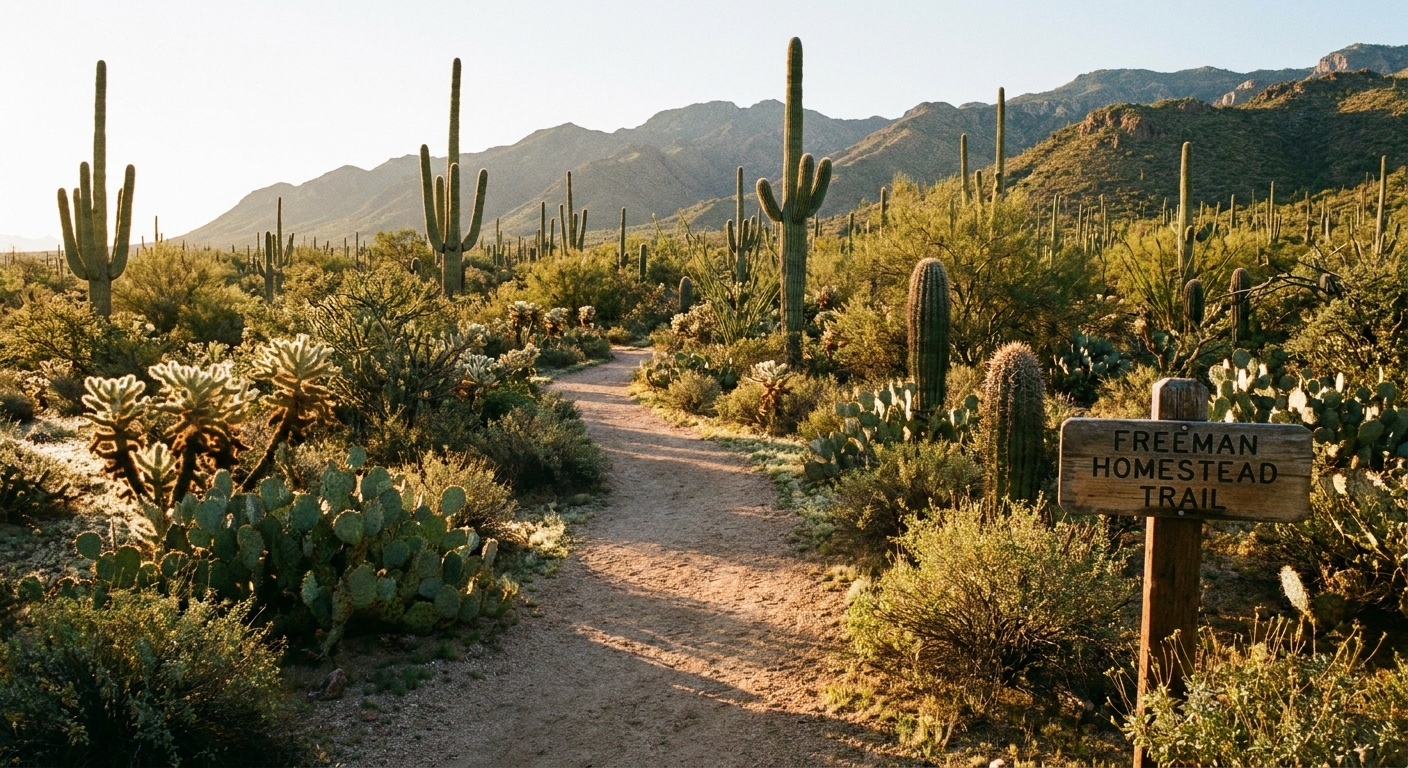 A real photograph of the Freeman Homestead Trail in Saguaro National Park East in early morning light, with a sandy path curving through saguaros and desert shrubs