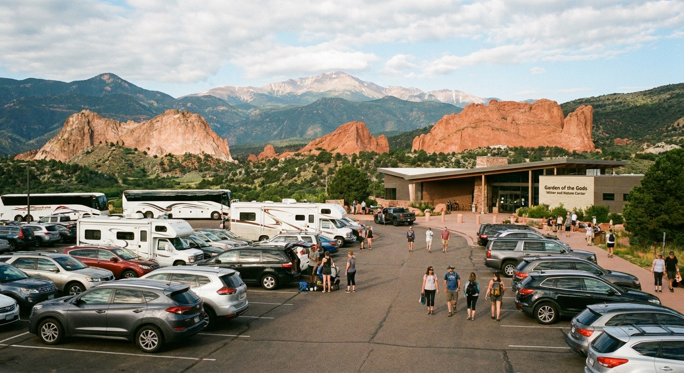 A real photograph of the Garden of the Gods Visitor and Nature Center parking lot on a busy morning with cars parked and red rock formations in the distance