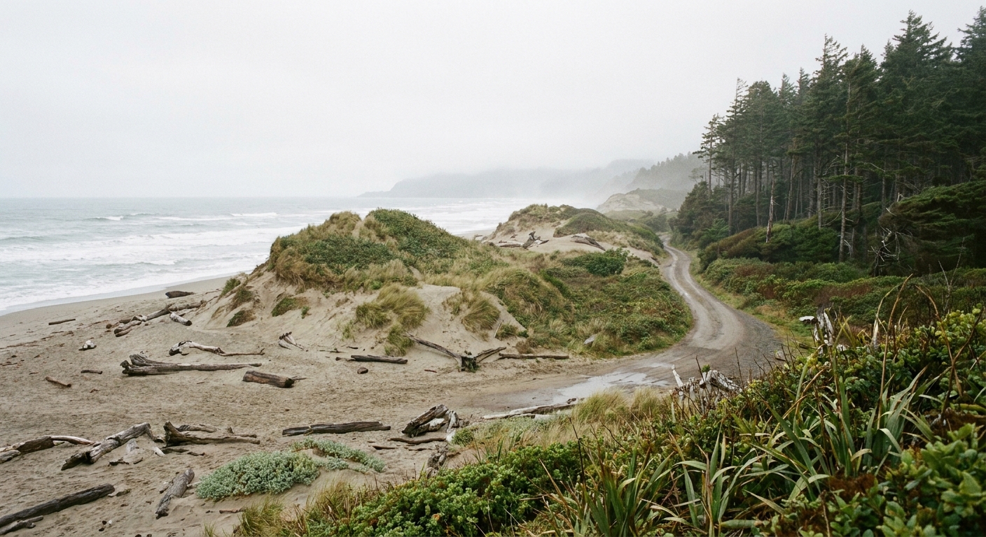 A real photograph of the Gold Bluffs Beach area with sandy dunes, driftwood, and a narrow road leading toward the forest edge under a soft coastal sky