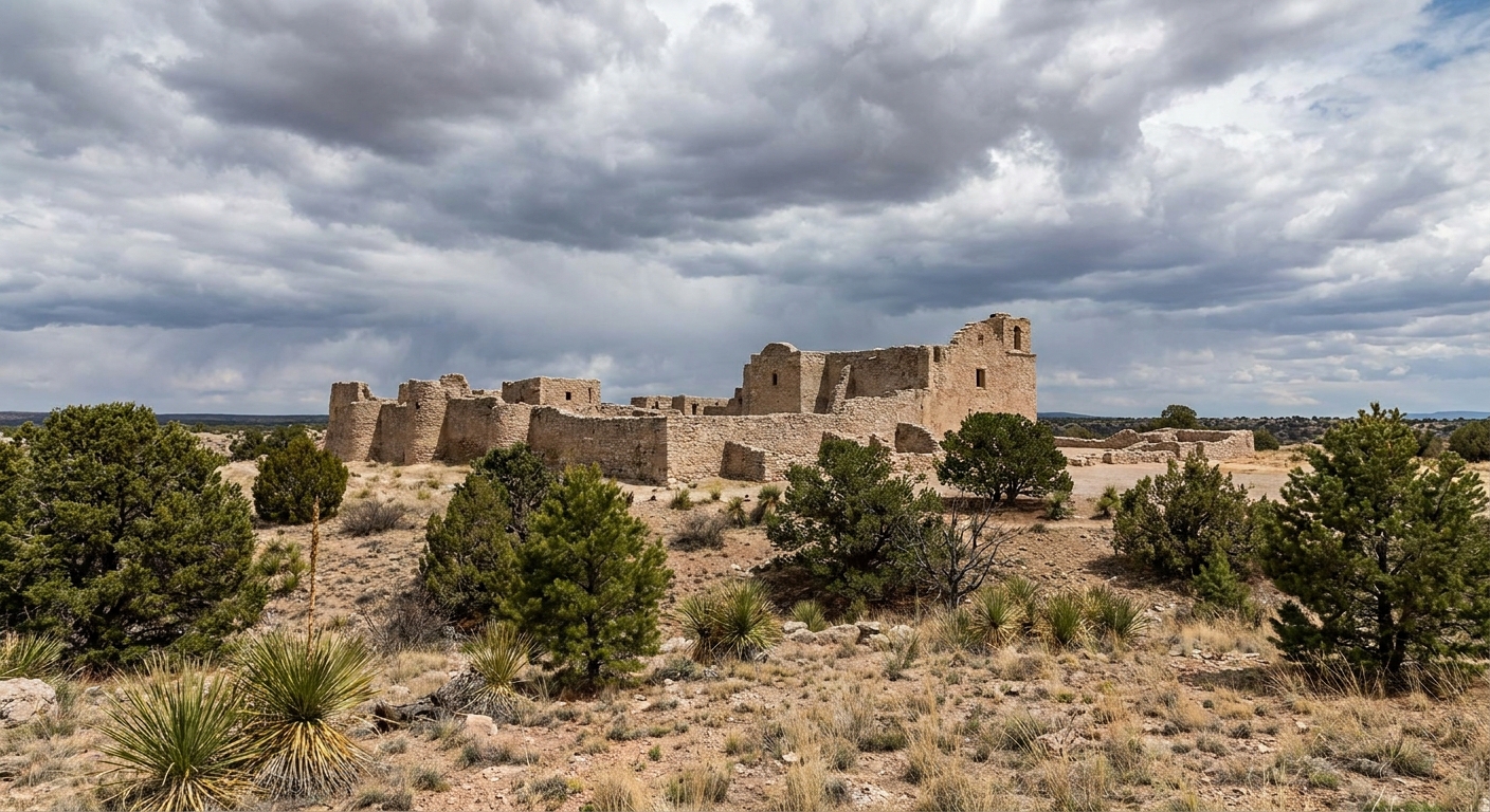 A real photograph of the Gran Quivira mission ruins with thick stone walls standing on an open high desert plateau with dramatic clouds and sparse vegetation