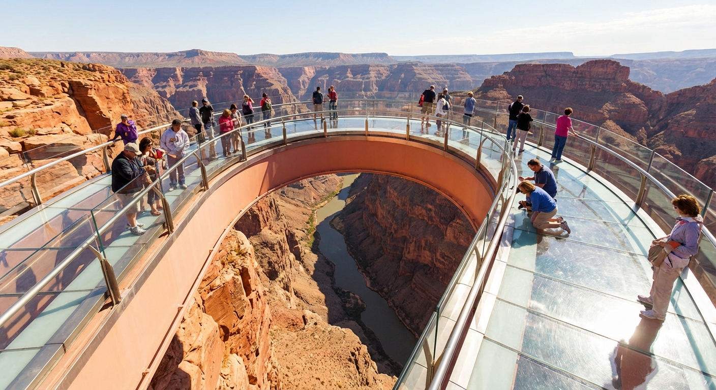 A real photograph of the Grand Canyon Skywalk at Grand Canyon West, a glass horseshoe-shaped bridge extending over the canyon with visitors looking down through the transparent floor, bright desert daylight