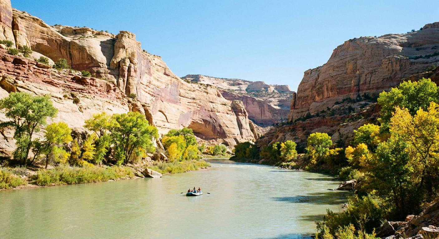 A real photograph of the Green River flowing past cottonwood trees and tan canyon walls in Dinosaur National Monument on a clear day