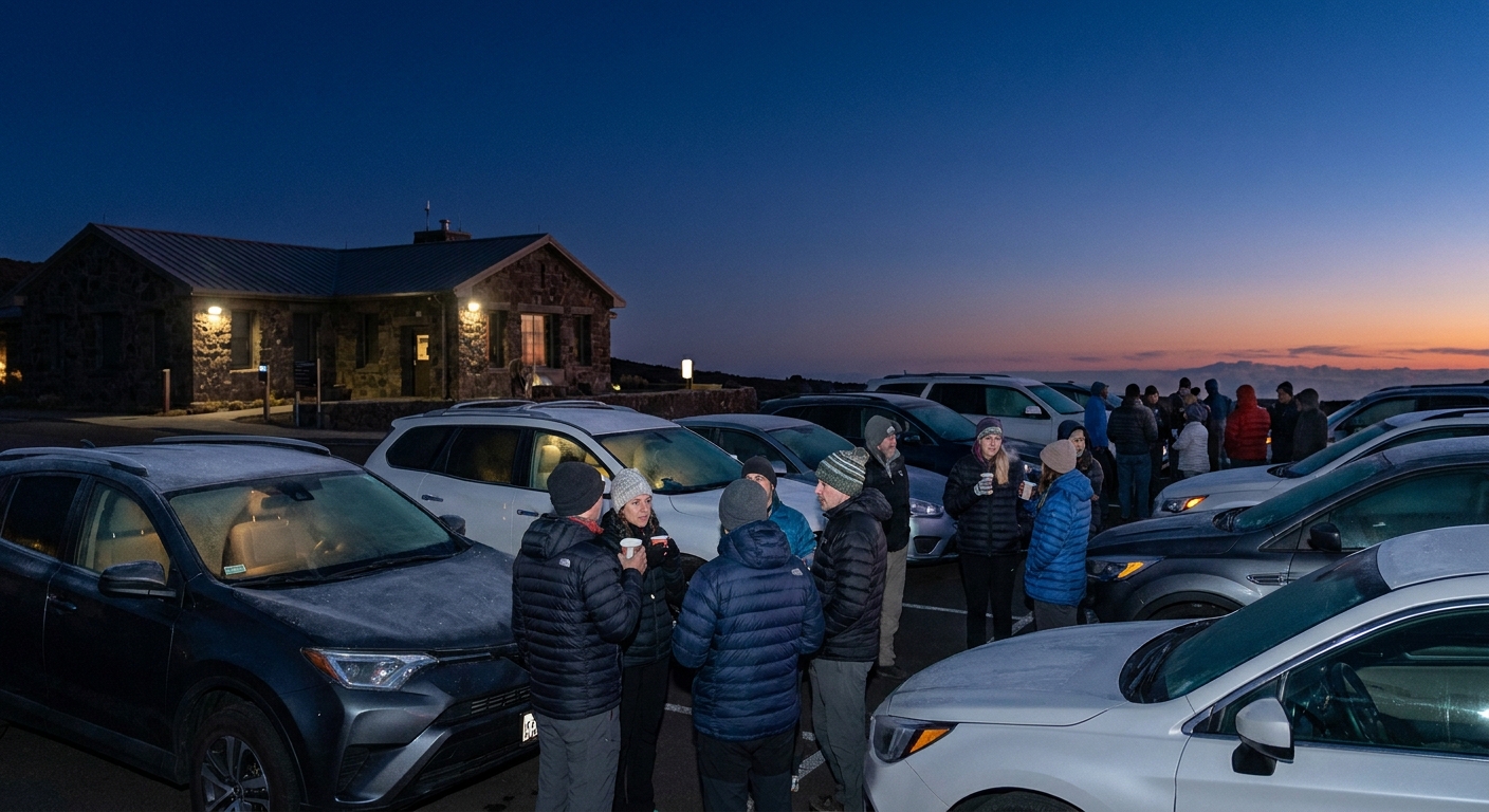 A real photograph of the Haleakalā summit visitor center area before dawn, with parked cars, people in jackets, and a dark blue sky transitioning toward sunrise