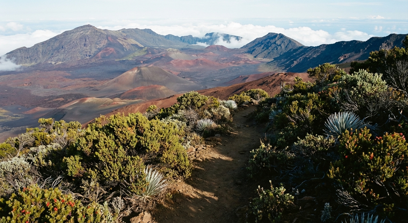 A real photograph of the Halemauʻu Trail along the Haleakalā crater rim, showing a narrow path through alpine shrubs with the crater dropping away in the background