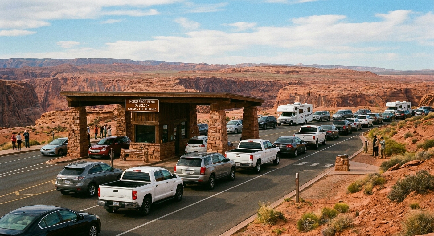 A real photograph of the Horseshoe Bend parking lot entrance station along US-89 near Page, Arizona, with cars lined up and the desert landscape in the background