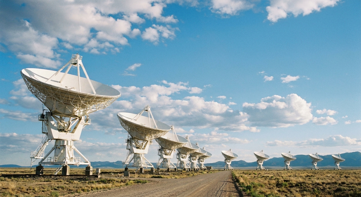 A real photograph of the Karl G. Jansky Very Large Array radio telescopes lined up across the Plains of San Agustin under a wide blue New Mexico sky