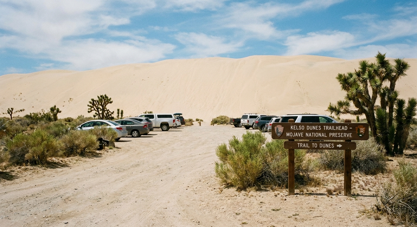 A real photograph of the Kelso Dunes trailhead parking area in Mojave National Preserve with desert shrubs, a trail sign, and the first rise of sand in the background