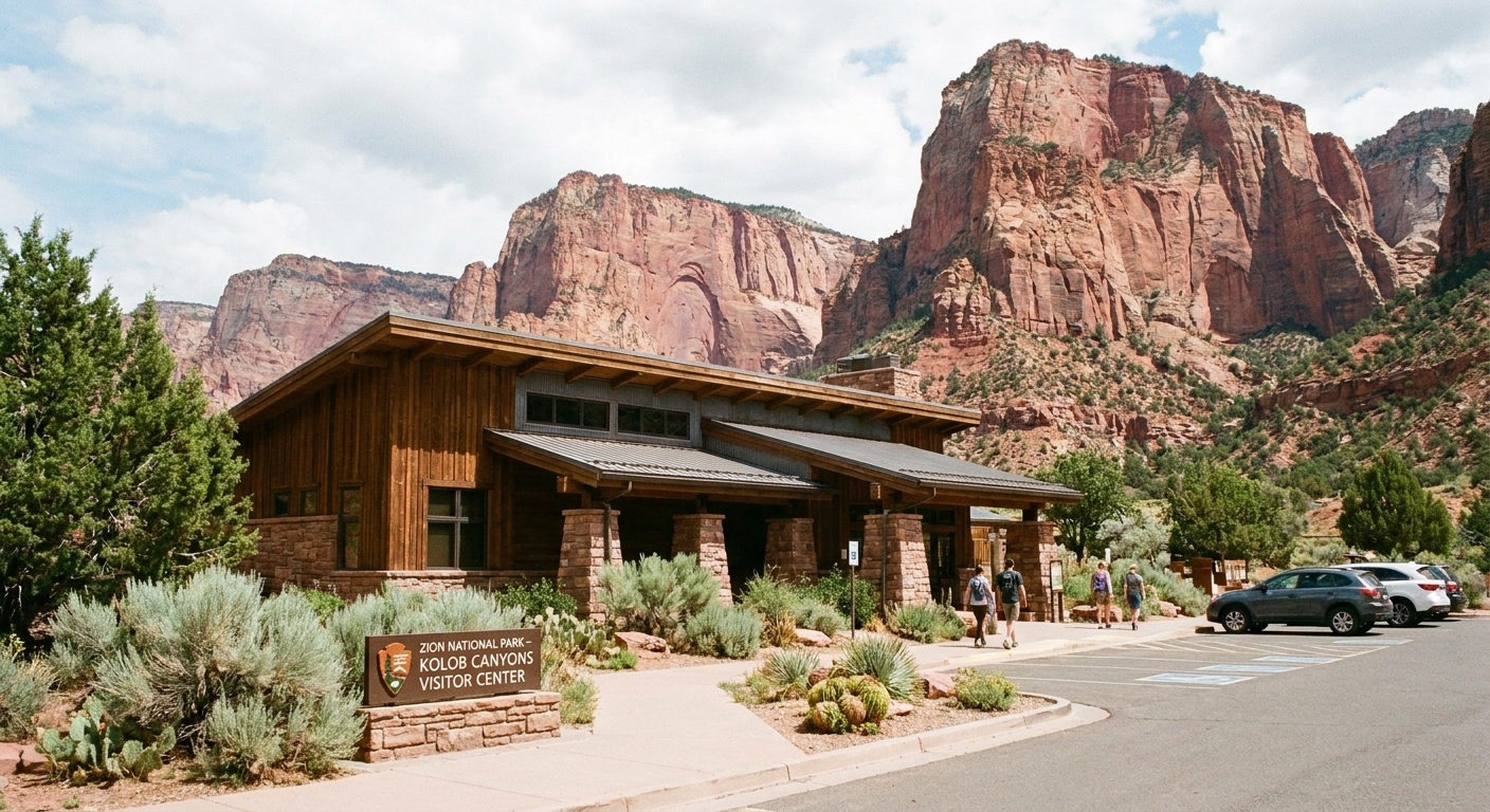 A real photograph of the Kolob Canyons Visitor Center exterior in Zion National Park, with desert landscaping and red rock cliffs in the background