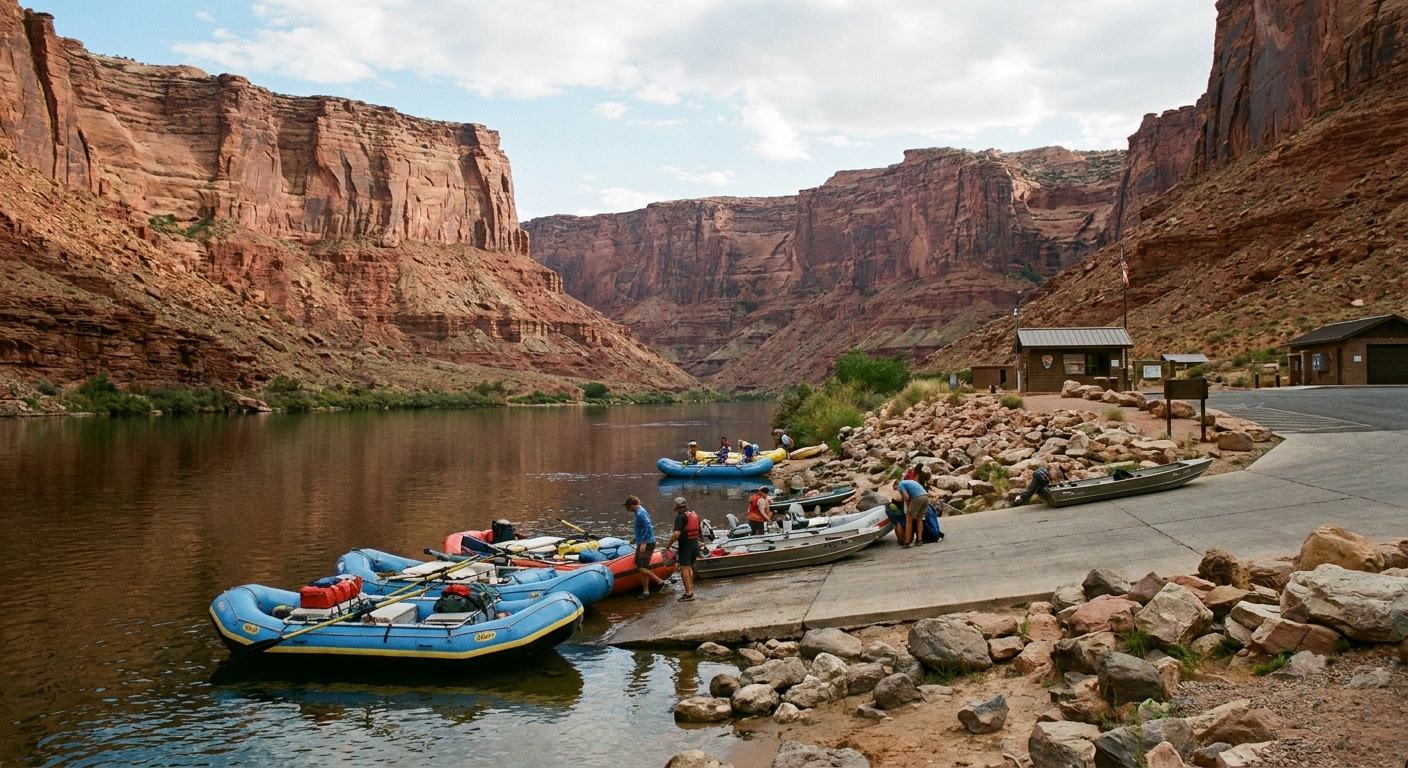 A real photograph of the Lee's Ferry boat launch area on the Colorado River in Arizona with rafts and small boats pulled up near the ramp and tall canyon walls rising in the background