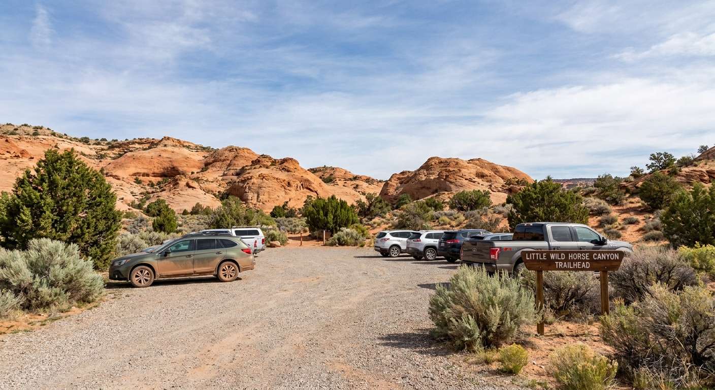 A real photograph of the Little Wild Horse Canyon trailhead parking area in Utah with a few parked vehicles, desert shrubs, and low sandstone hills under a wide sky
