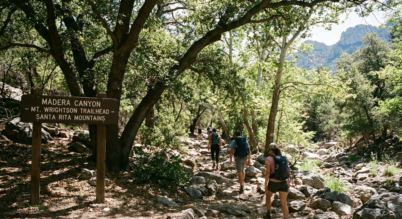 A real photograph of the Madera Canyon recreation area in the Santa Rita Mountains, with a shaded trailhead sign and hikers starting up a forested canyon path under oak trees