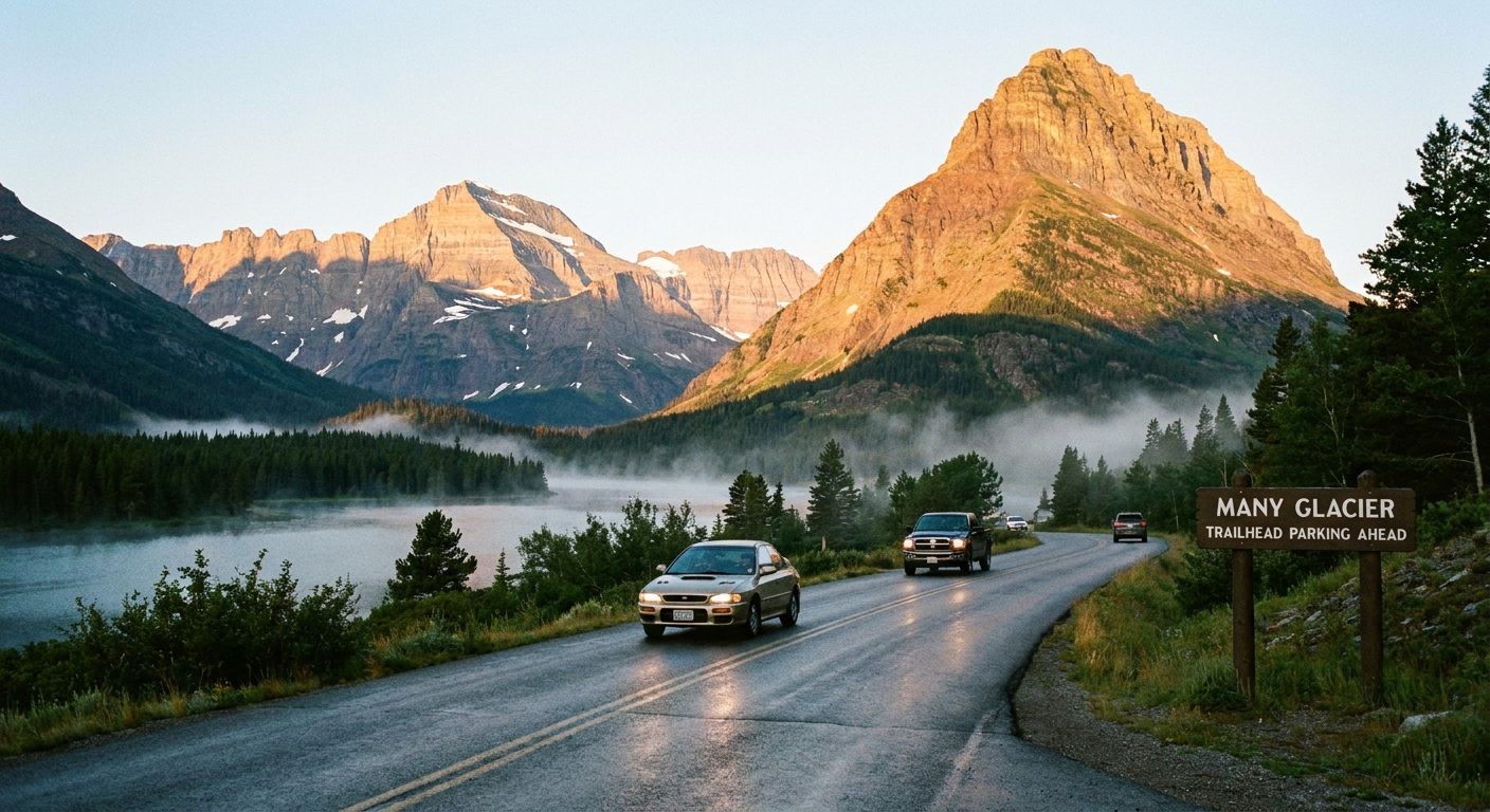 A real photograph of the Many Glacier road in the early morning light with a few cars heading toward trailhead parking and mountain peaks in the distance