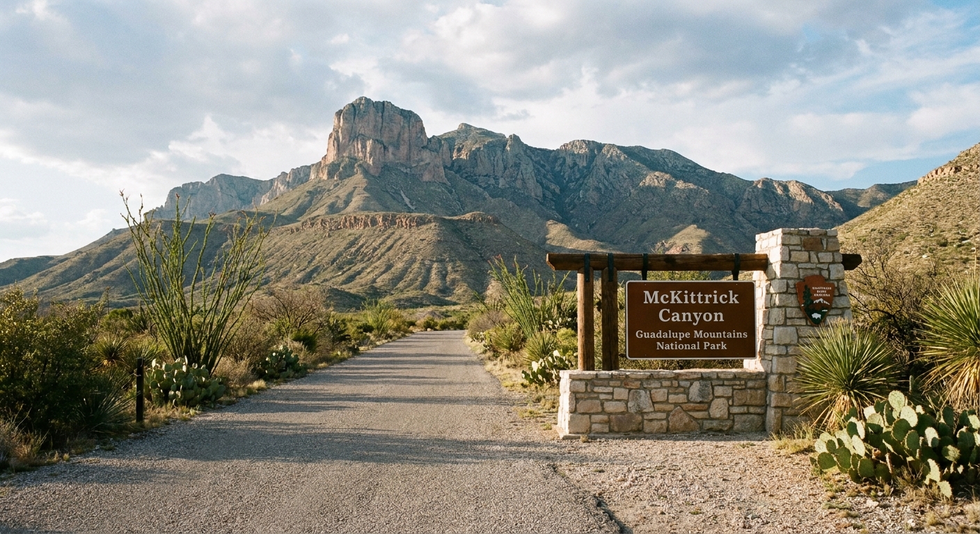 A real photograph of the McKittrick Canyon access gate area with a quiet park road, desert shrubs, and mountains rising behind