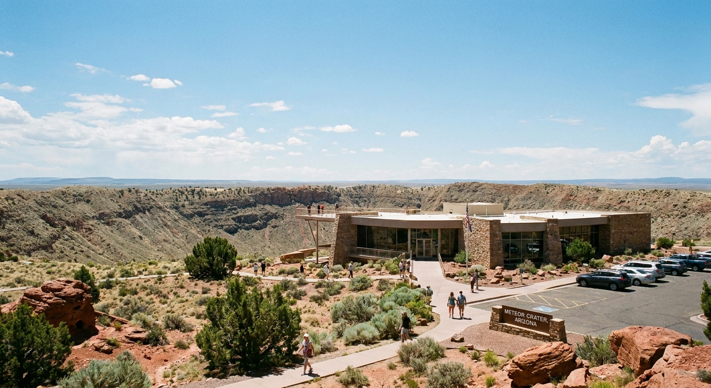 A real photograph of the Meteor Crater visitor center building in Arizona with high-desert landscape and open sky in the background