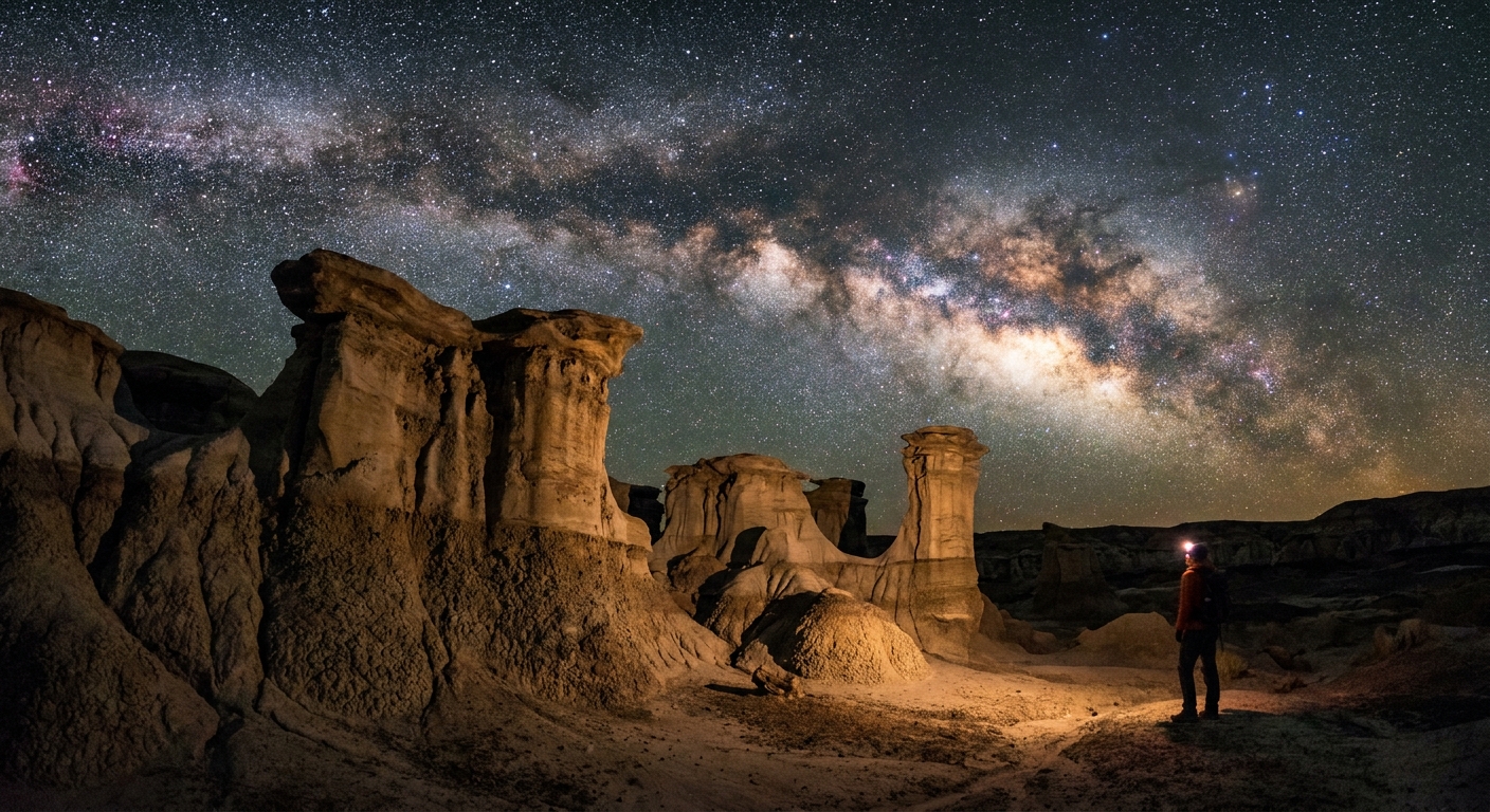 A real photograph of the Milky Way above eroded hoodoo formations in the Bisti Badlands with a faint headlamp glow in the foreground