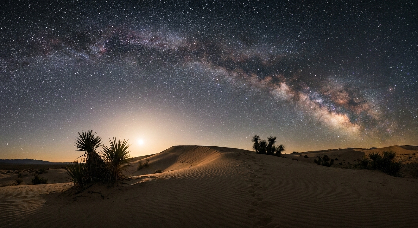 A real photograph of the Milky Way rising above the Kelso Dunes with a softly lit dune ridge in the foreground and a dark, clear desert sky