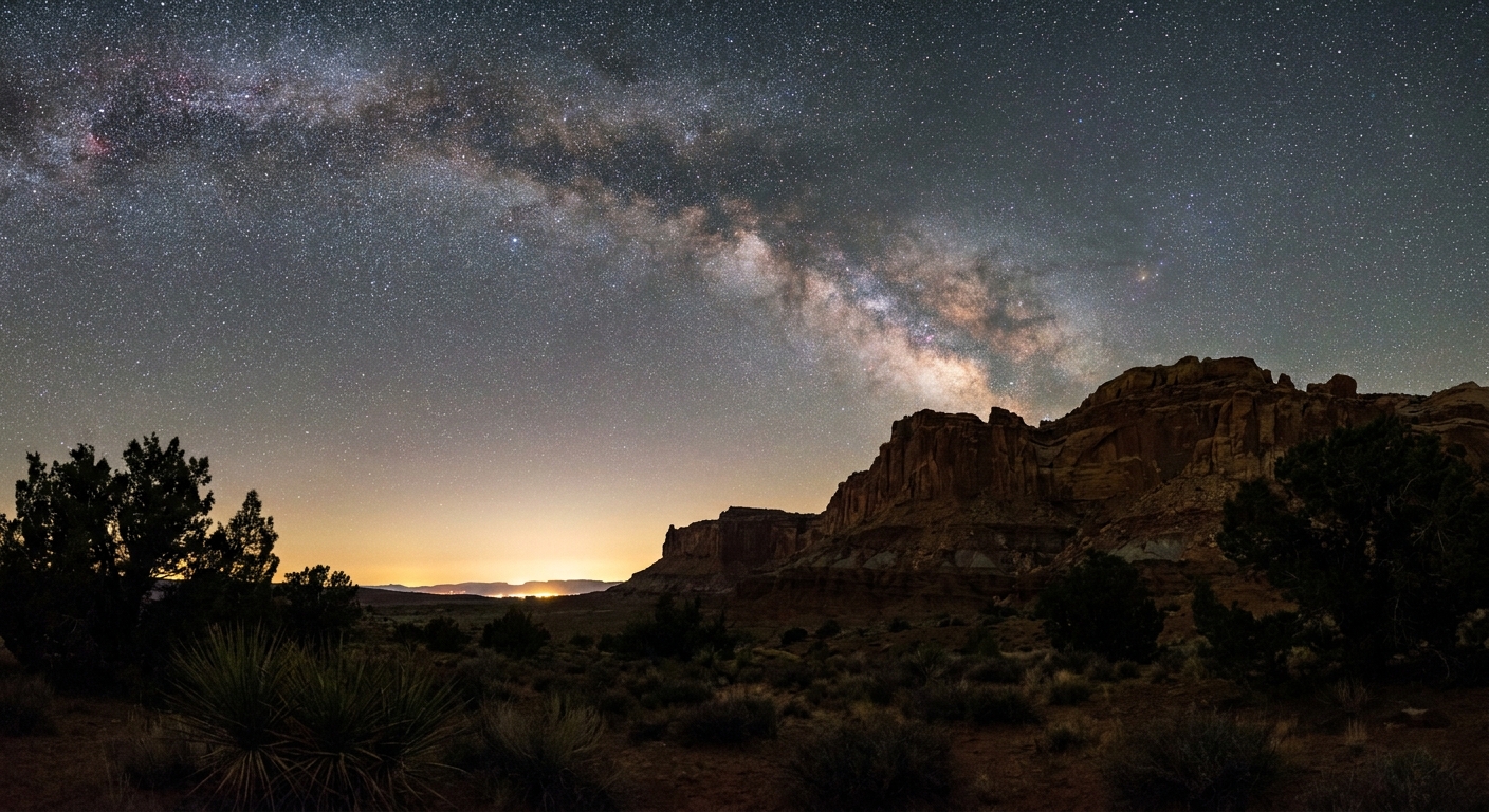 A real photograph of the Milky Way visible above dark sandstone cliffs in Capitol Reef, with a faint glow on the horizon and desert silhouettes in the foreground