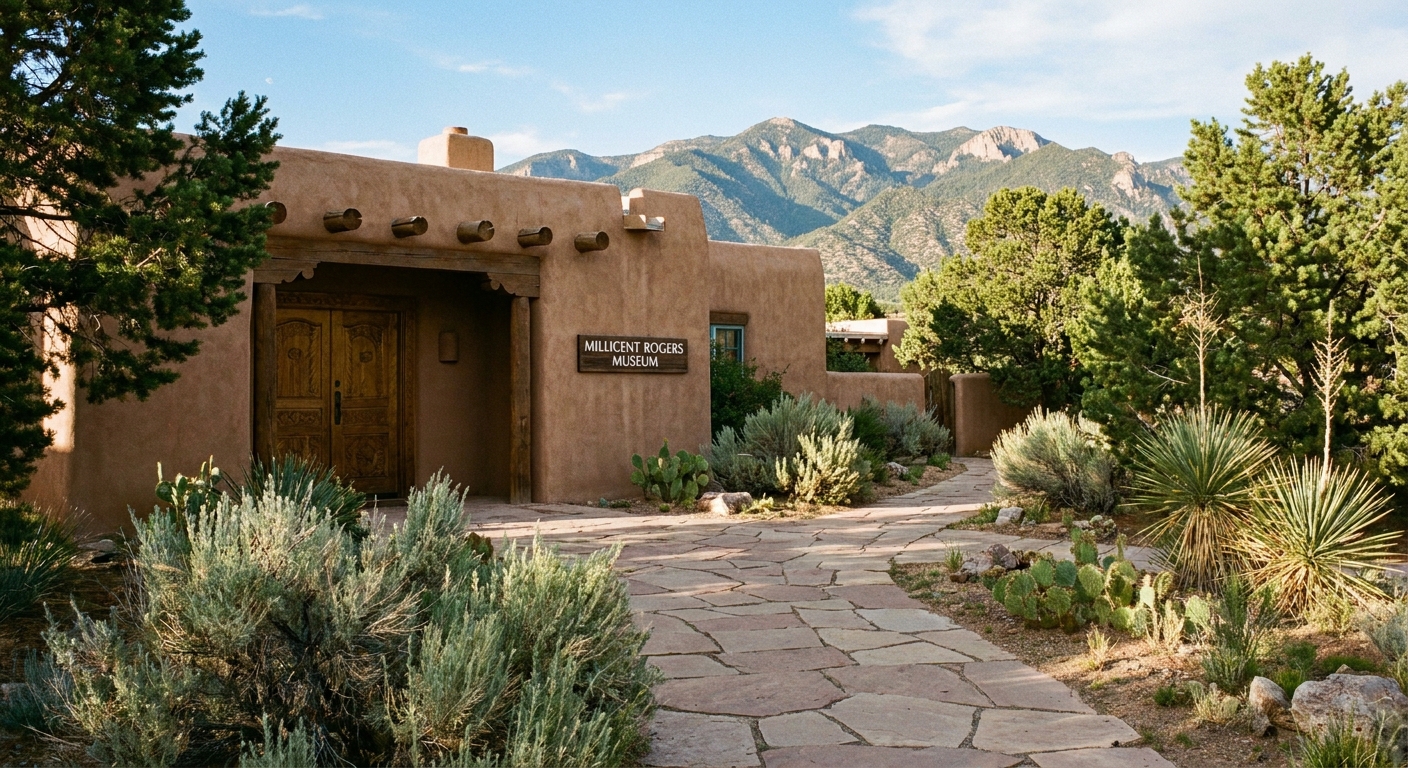 A real photograph of the Millicent Rogers Museum entrance in Taos, New Mexico, with adobe architecture, a walkway leading to the door, and desert landscaping