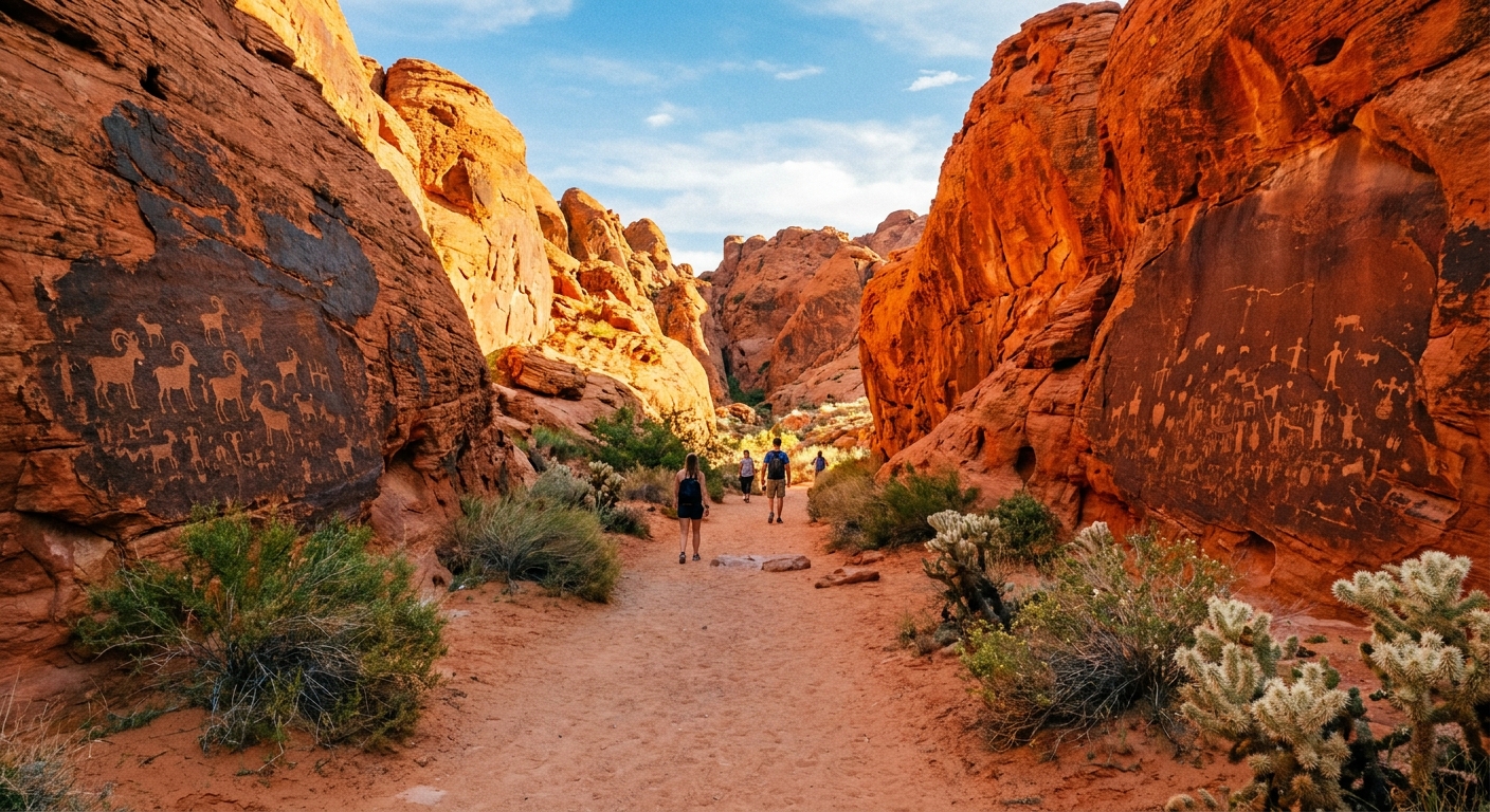 A real photograph of the Mouse's Tank trail in Valley of Fire, with a sandy path winding between red sandstone canyon walls and visible petroglyph panels