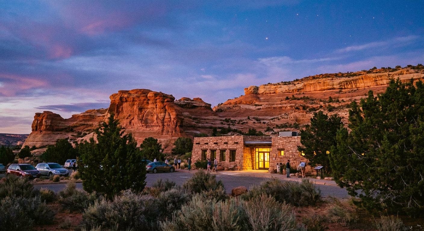 A real photograph of the Natural Bridges National Monument visitor center area at dusk with the last light on sandstone and a deepening blue sky