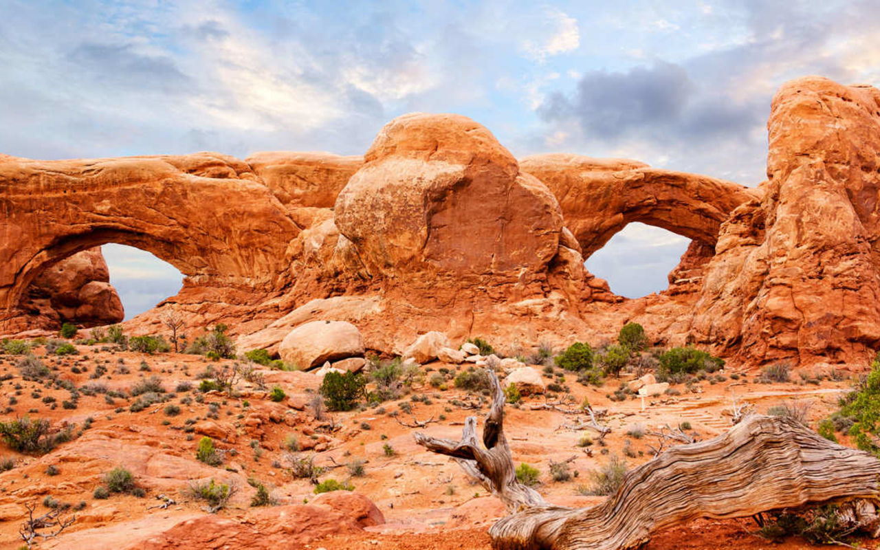 A real photograph of the North Window in Arches National Park in soft morning light, with the sandy trail leading toward the massive arch opening