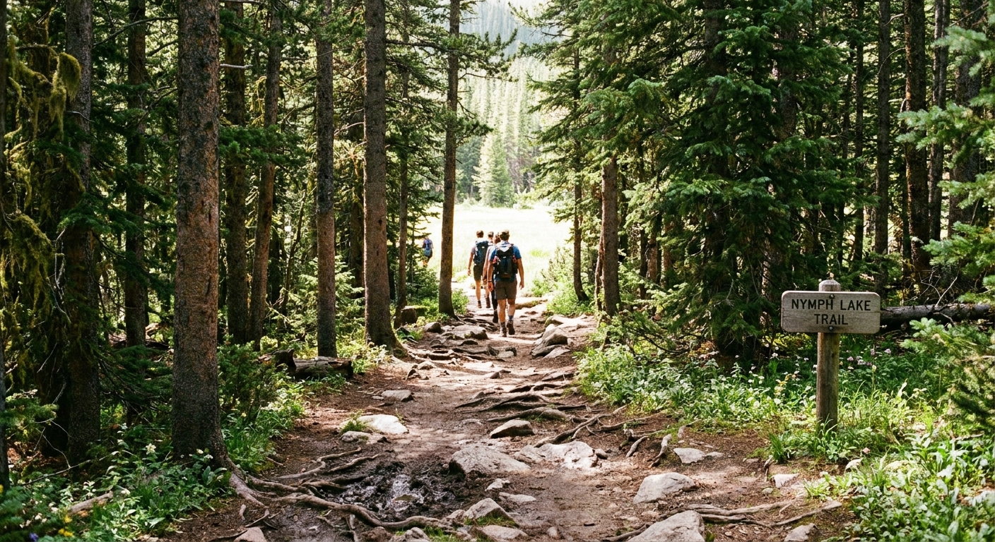 A real photograph of the Nymph Lake trail in Rocky Mountain National Park with a dirt path through dense pine forest and hikers walking toward a bright opening